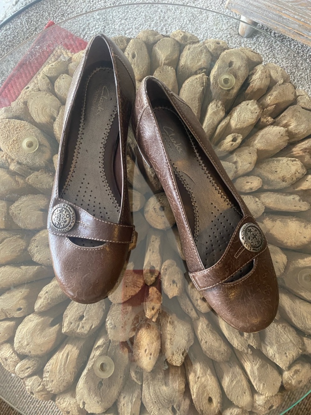 Clarks Brown Leather Mary Jane style shoe with Decorative Button